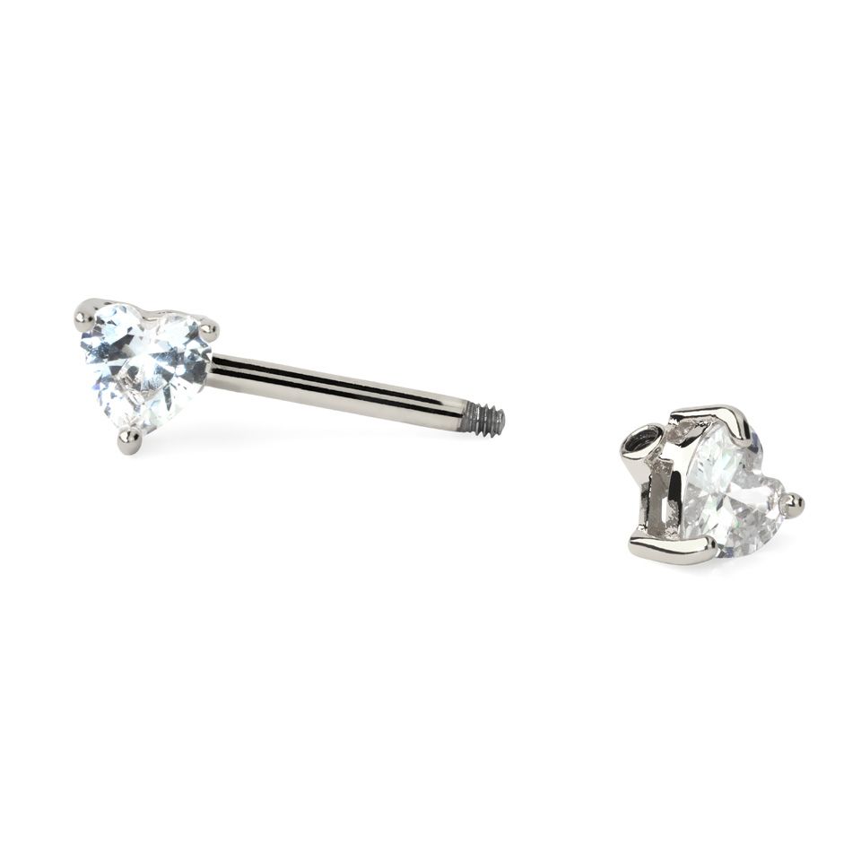 Nipple barbell with heart-shaped zirconia stones in your choice of color