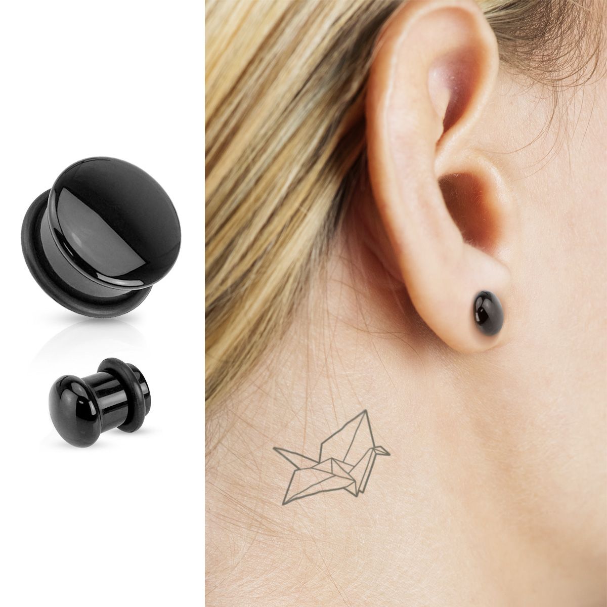 Flared plug made of black agate