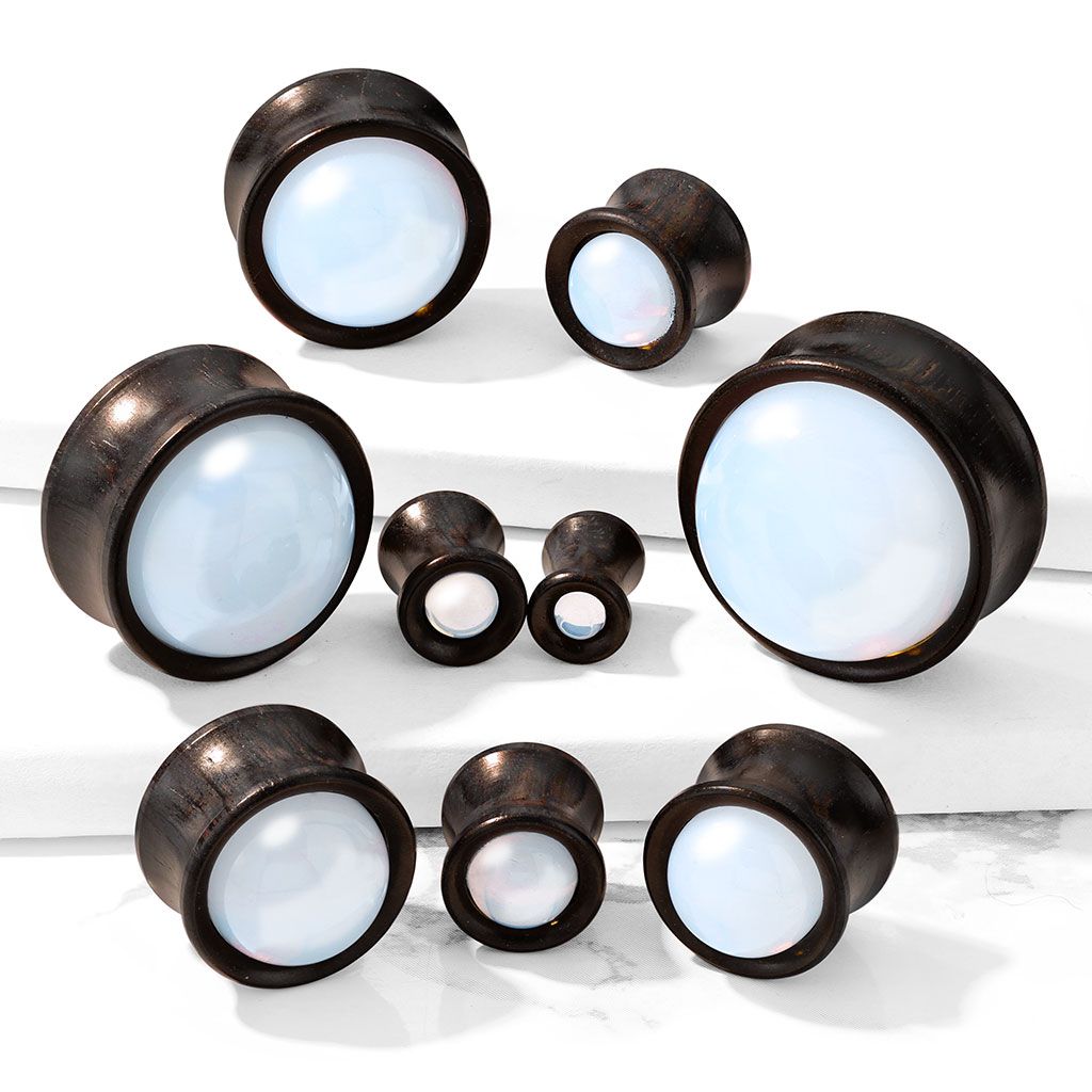 Plug made of wood with convex opalite