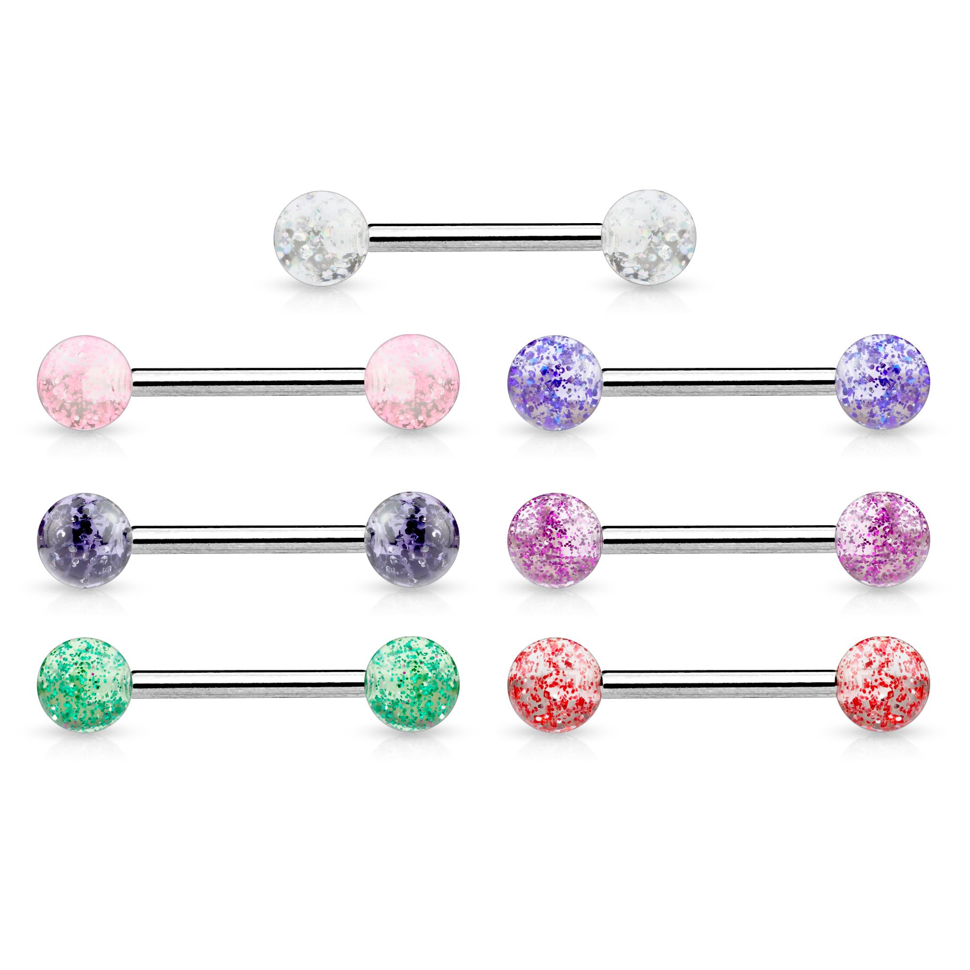 Tongue barbell made of titanium with glitter balls