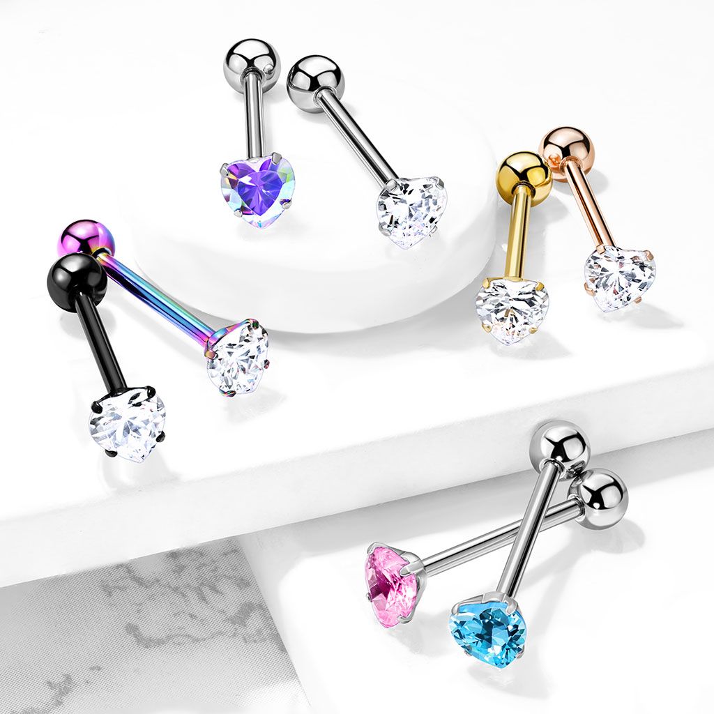 Tongue barbell with prong set heart stone