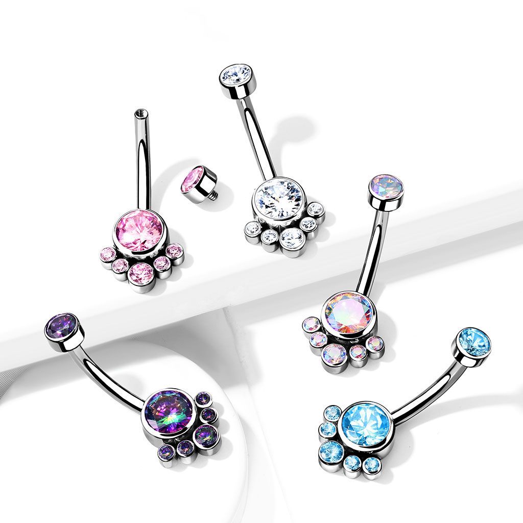 Belly button ring made of titanium with round cluster stones