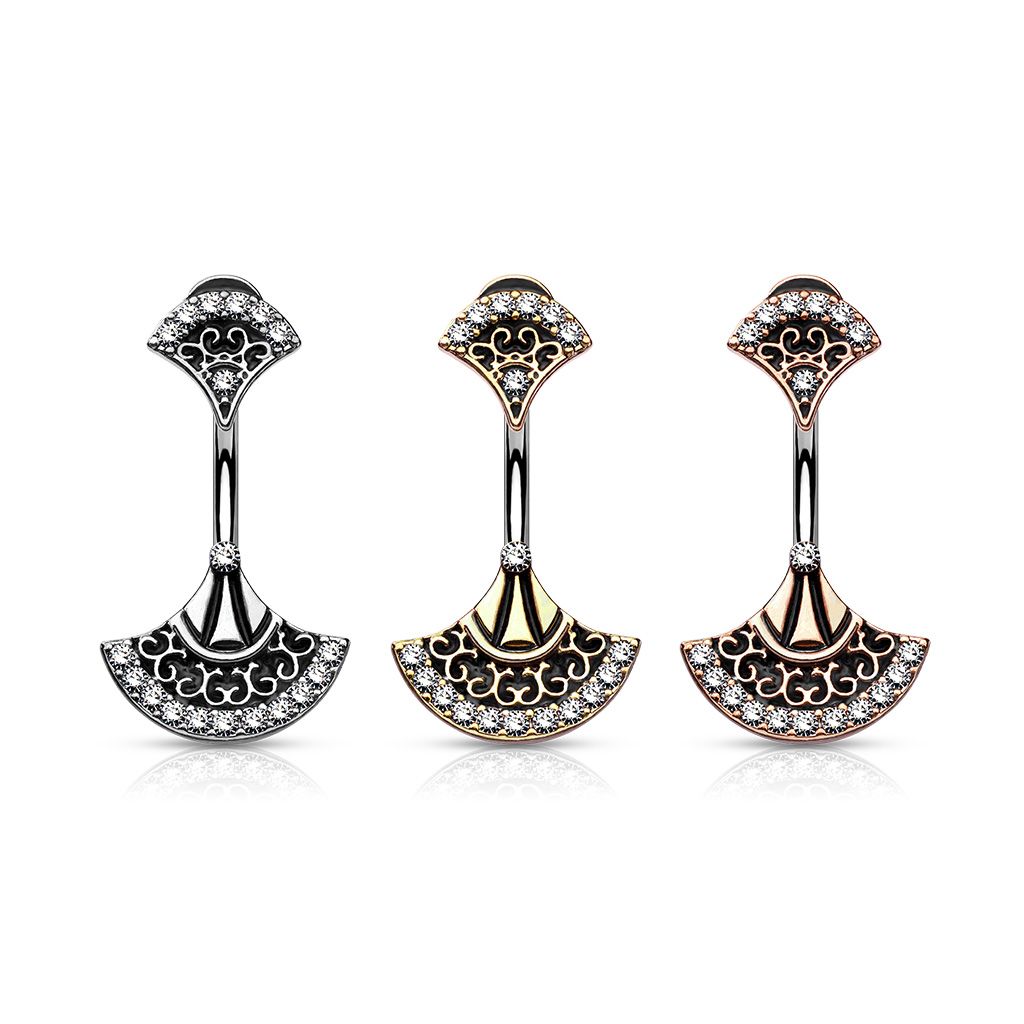 Belly button ring with double jeweled vintage fan
