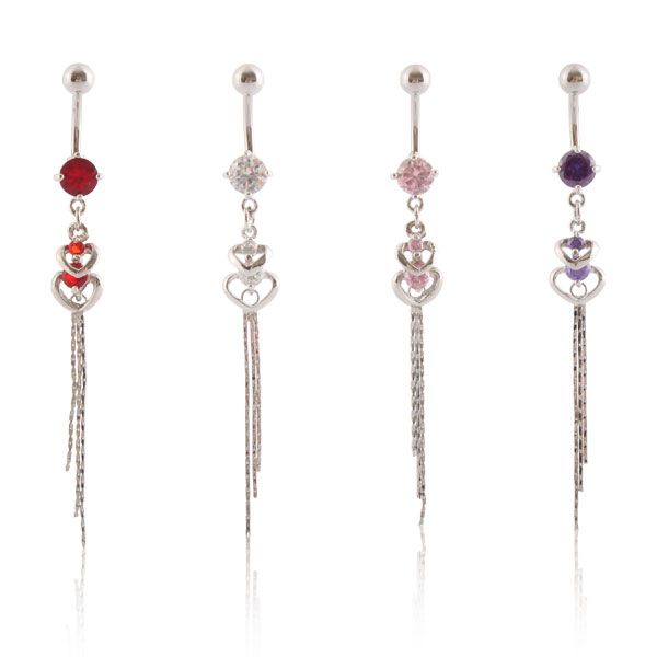 Belly button ring with double heart pendants and stones