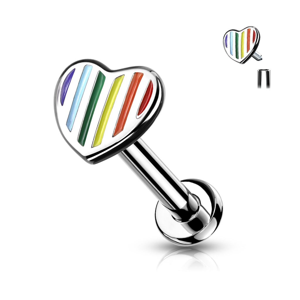 Labret with internally threaded striped rainbow heart