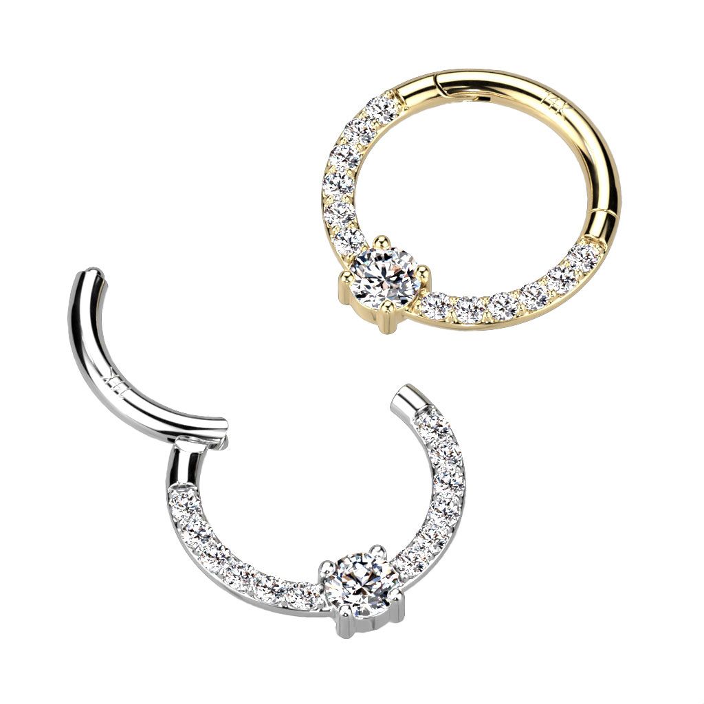 14K gold hinged ring with paved front and round center stone