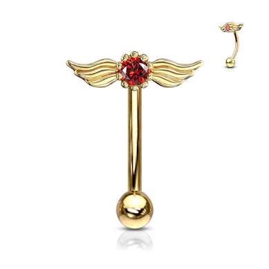 Curved barbell with angel wings and a round stone.