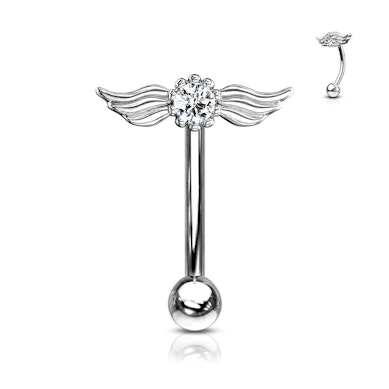 Curved barbell with angel wings and a round stone