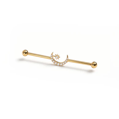 Industrial barbell in titanium with central moon and star