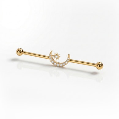 Industrial barbell in titanium with central moon and star