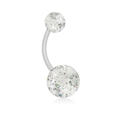 Belly button ring made of acrylic with glitter balls