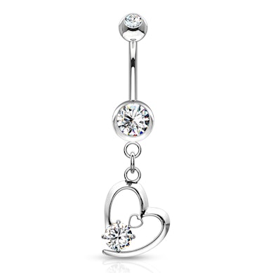 Belly button ring with heart and gem dangle
