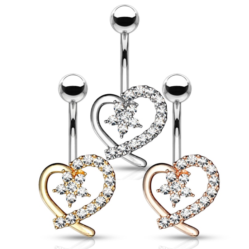 Belly button ring with star inside a heart shape with stones Piercings