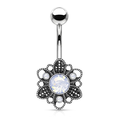 Belly button ring with antiqued flower and opalite