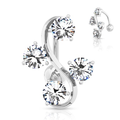 Reverse belly button ring with four staggered stones