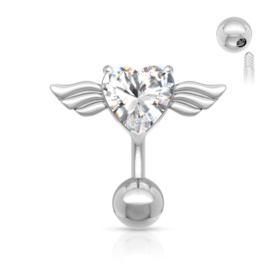 Reverse belly button ring with heart and wings