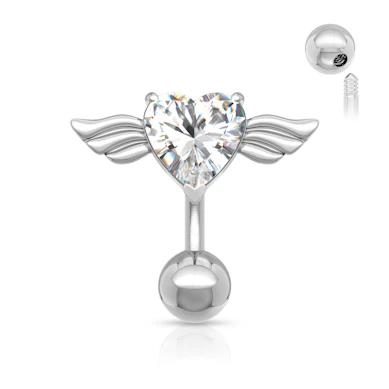 Reverse belly button ring with heart and wings