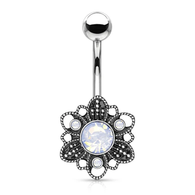 Belly button ring with antiqued flower and opalite