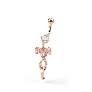 Belly button ring rose gold-plated with studded bow dangle