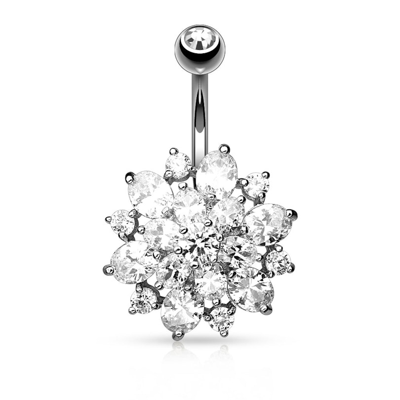 Belly button ring with large studded flower Body Jewelry