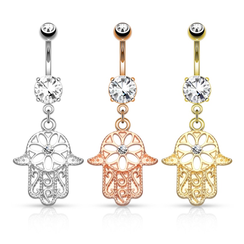 Belly button ring with stones and hamsa hand dangle Body Jewelry