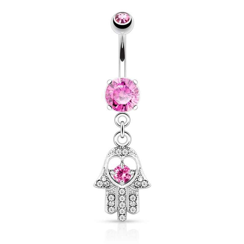 Belly button ring with studded hamsa hand dangle Piercings