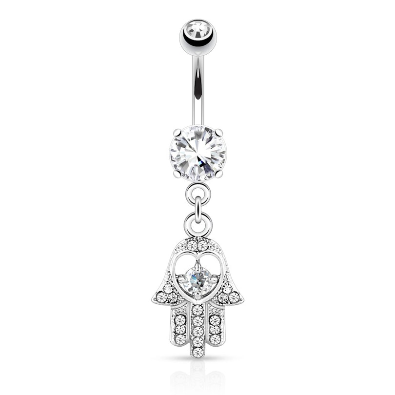 Belly button ring with studded hamsa hand dangle Piercings