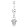 Belly button ring with studded hamsa hand dangle Piercings