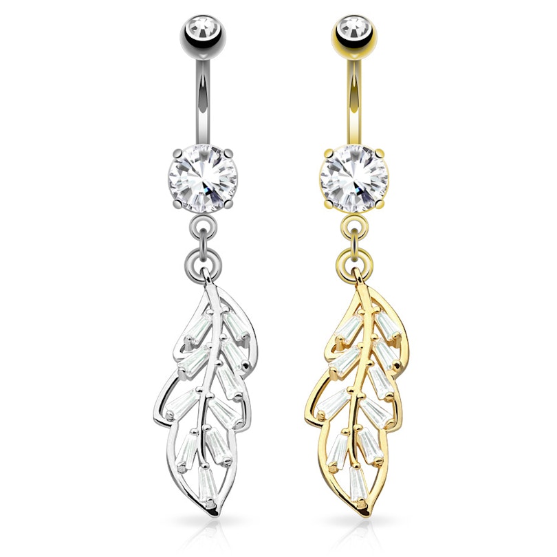Belly button ring with studded leaf dangle Piercing Jewelry