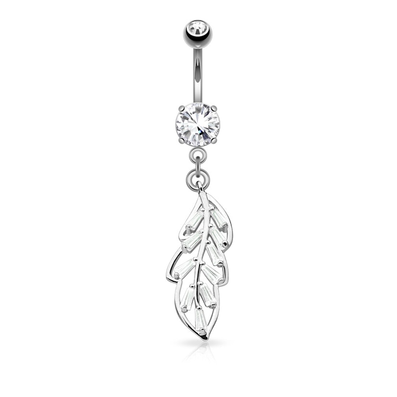 Belly button ring with studded leaf dangle Body Jewelry