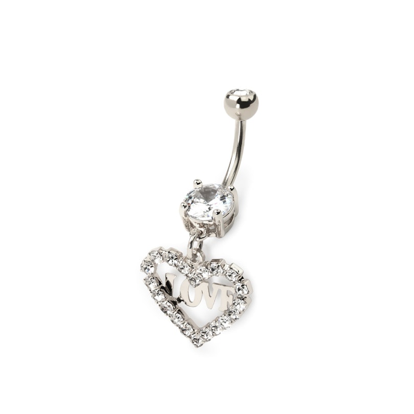 Belly button ring with studded heart and love text dangle Piercing