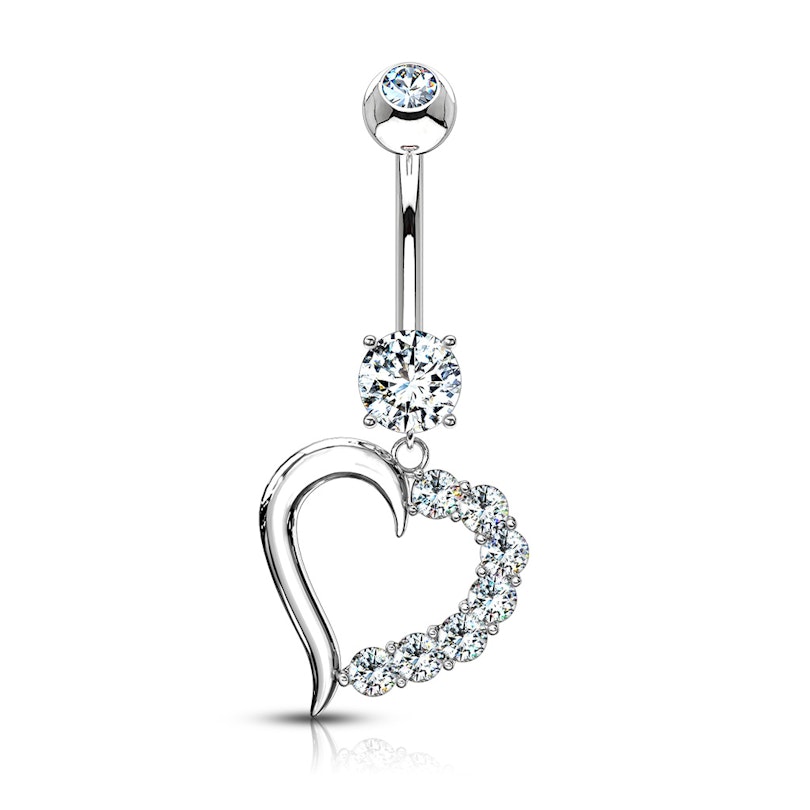 Belly button ring made of 14k gold with studded heart dangle Body Jewelry