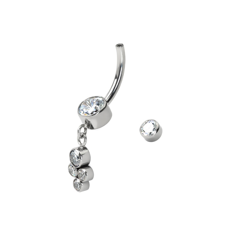 Belly button ring made of titanium with a dangling cluster of bezel-set stones Body Jewelry