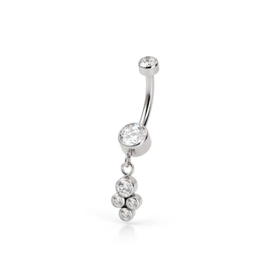 Belly button ring made of titanium with a dangling cluster of bezel-set stones
