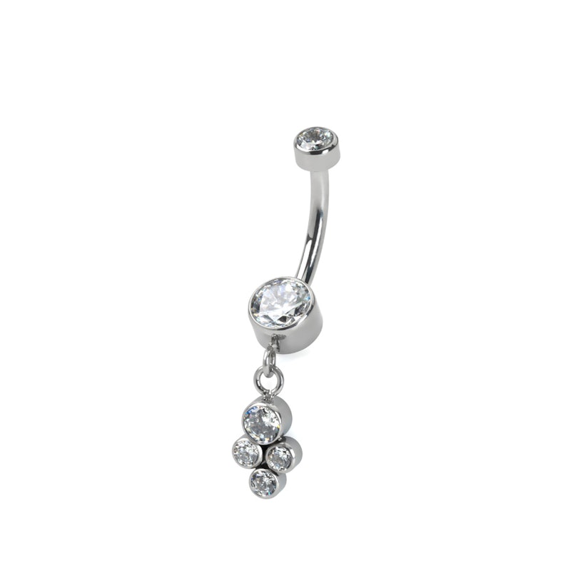 Belly button ring made of titanium with a dangling cluster of bezel-set stones Body Piercing