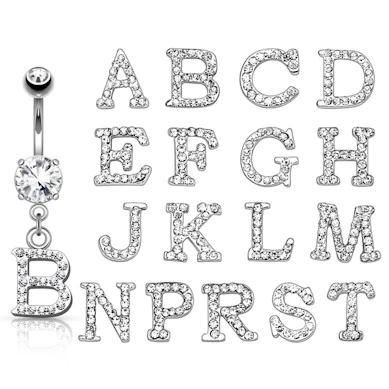 Belly button ring with studded letter dangle
