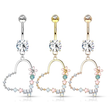 Belly button ring with heart dangle and opalite studded flower.