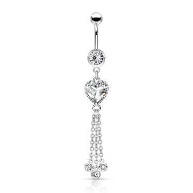 Belly button ring with heart-shaped gem and chains