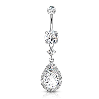 Belly button ring with drop-shaped stone dangle
