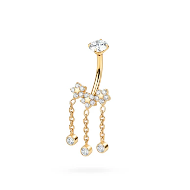 Belly ring with trio of flowers and dangles in titanium