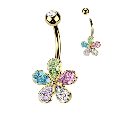 Flower belly ring with rainbow stones