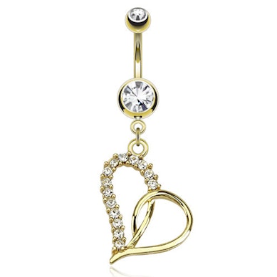 Belly button ring gold plated with heart dangle and clear stones