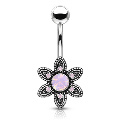 Belly button ring with flower and round opalite