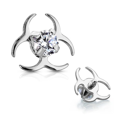 Dermal top with biohazard symbol and crystal clear gem