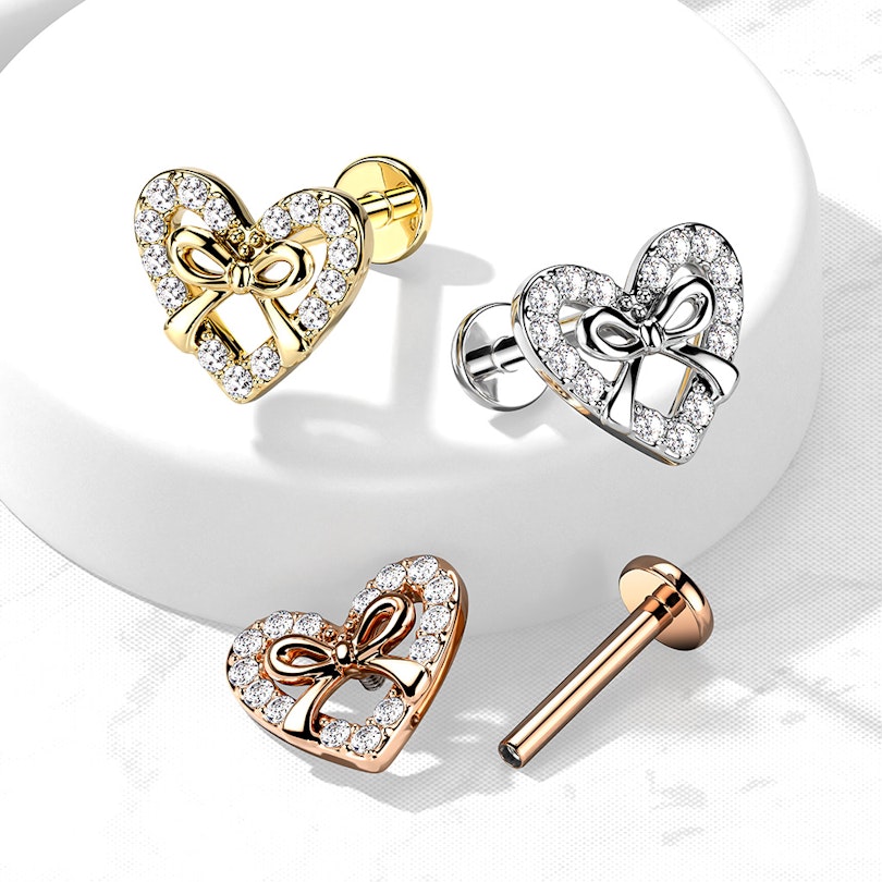 Labret with studded heart with bow and internal thread Body Jewelry