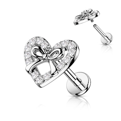 Labret with studded heart with bow and internal thread