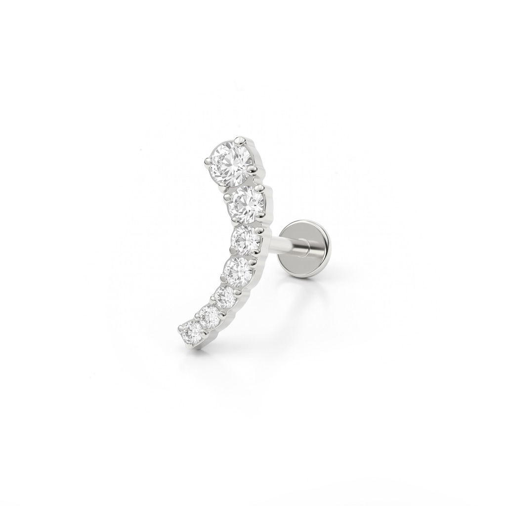 Titanium push-in labret with curving top and stones