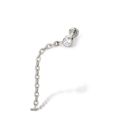 Dainty titanium labret with stone and chain dangle
