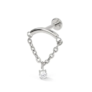 Curved bar labret with chain and stone dangle