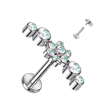 Titanium labret with central flower and CZ stones